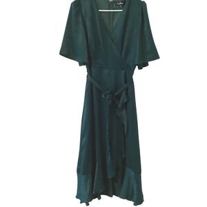 Lulus Green Satin Wrap Midi Dress‎ Size M Flutter Sleeves Belted High Low Hem